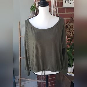 Venus Army Green Ribbed Long Sleeve Casual Cropped Top Size L